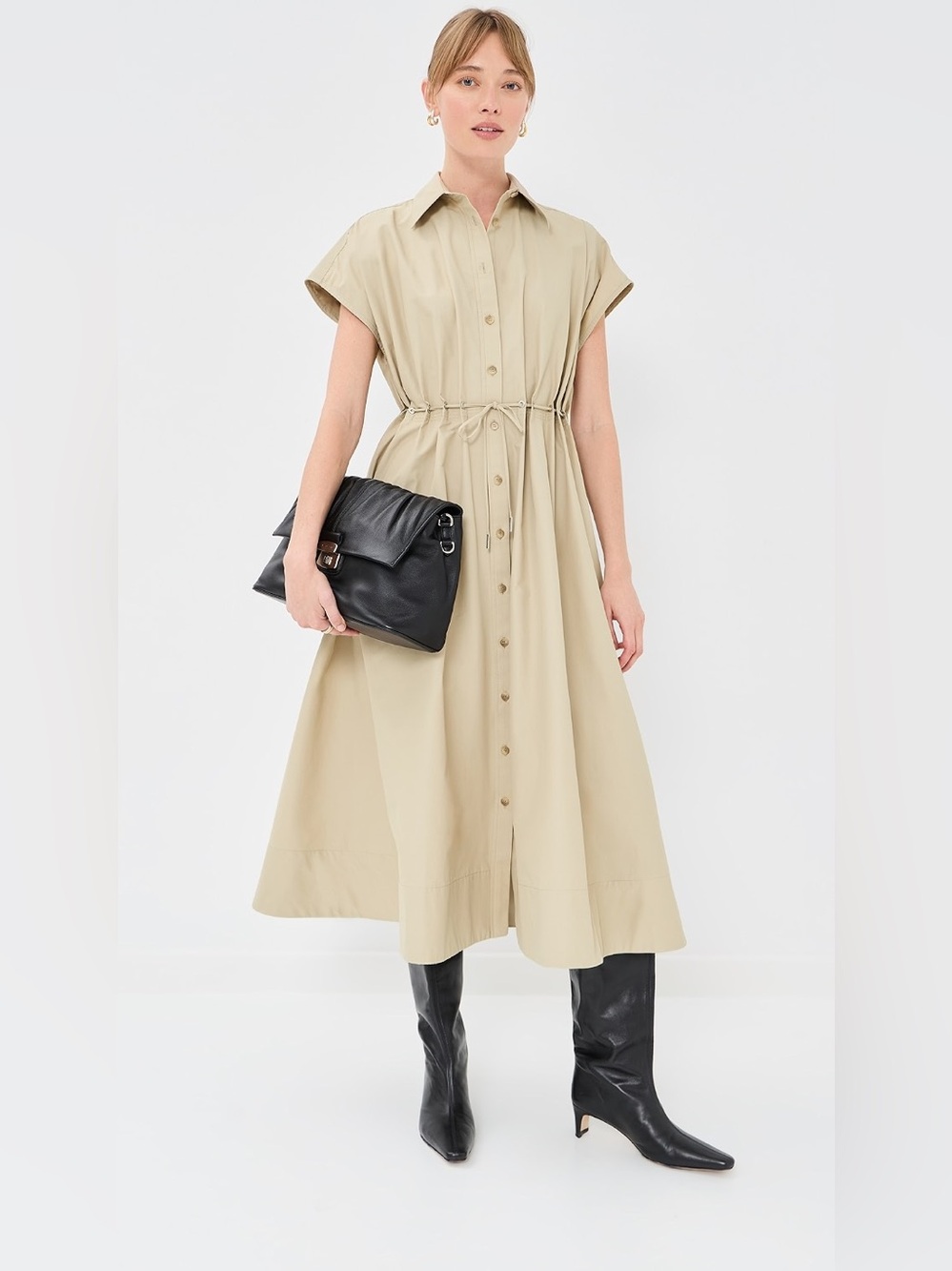 Brandon Maxwell The Blake Short Sleeve Shirt Dress with Eyelet Waist